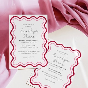 Invito alla festa delle galline ondulate rosa, doccia del fine settimana con galline rosa, modello di invito stampabile, download istantaneo, modello modificabile, Curvy ondulato SEMPRE