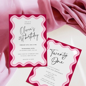 Ladies 21st Birthday Invitation Printable Pink Red Dinner Party Invite Editable Digital Download Template | Scalloped Invite | EH9