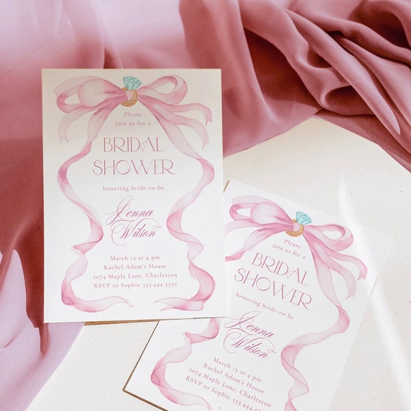 Bridal Shower Bow Invitation, Pink Ribbon Bridal Shower Invite, Bow Invitation, Editable Bridal Shower Template, Pink Invitation ROSA