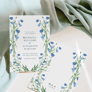 INVITATION DE MARIAGE DE PRINTEMPS, mariage de fleurs sauvages, fleurs bleues, fleurs de printemps, fleurs symétriques, fleurs dessinées à la main, mariage de jardin