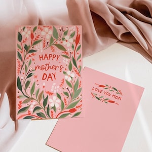 Happy Mothers Day Card, Floral Mothers day Card, Botanical Wildflowers, Pink Mothers Day Card, Editable Template, Flower Garden Card, image 1