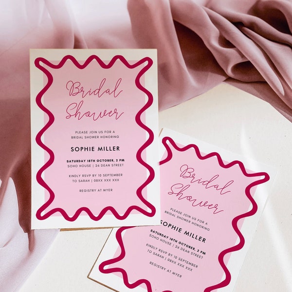 Wave Bridal Shower Invitation, Curve Modern Bridal Shower Invite, PINK Bridal Shower, Editable Bridal Shower Template Wavy Shape Modern LH1