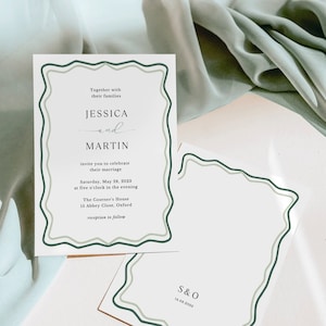 May include: A wedding invitation with a green and white border. The invitation reads "Together with their families Jessica and Martin invite you to celebrate their marriage Saturday, May 28, 2023 at five o'clock in the evening The Cosener's House 15 Abbey Close, Oxford reception to follow". A smaller card with a similar border reads "S & O 14.08.2023".