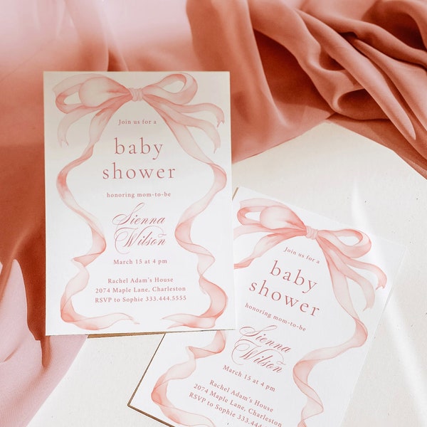 BEWERKBARE roze strik baby shower uitnodiging, baby shower Blush roze aquarel lint minimalistische 1e verjaardag digitale sjabloon 012