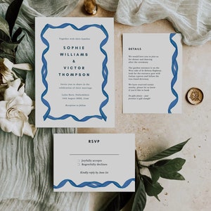 Wavy Wedding Invitation Template, Instant Download Editable Invite, blue ribbon invitation, Modern simple Wedding Invitation, squiggly frame