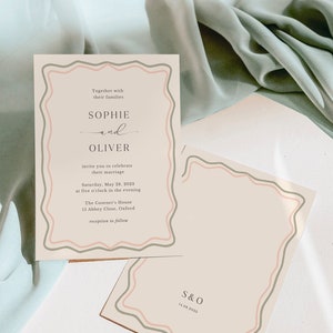 May include: A wedding invitation with a pink and green border. The invitation reads "Together with their families Sophie and Oliver invite you to celebrate their marriage Saturday, May 28, 2023 at five o'clock in the evening The Cosener's House 15 Abbey Close, Oxford reception to follow". A smaller card with a pink and green border reads "S & O 14.08.2023".
