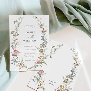 Modèle de faire-part de mariage fleurs sauvages, faire-part de mariage imprimable, faire-part de mariage, faire-part de fleurs sauvages bohème, couronne de fleurs, WH1