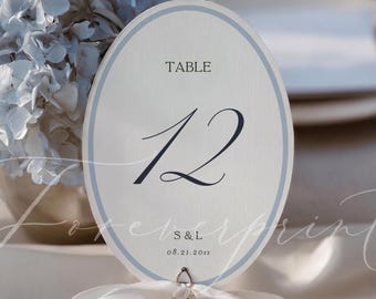 Editable Wedding Table Number Template, Blue Elegant Oval Reception Sign, Printable Wedding Decor, Instant Download B26