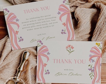 Plantilla de tarjeta de agradecimiento con lazo floral para baby shower, nota editable e imprimible para baby shower de niña, linda tarjeta de agradecimiento en tonos pastel, descarga instantánea LILA