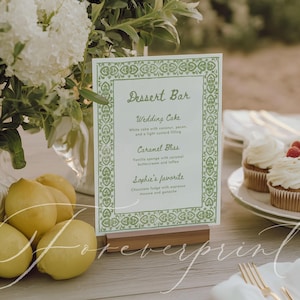 Plantilla de letrero de barra de postres con borde verde, menú de postres para boda o despedida de soltera, letrero de postres, plantilla editable, borde de mosaico verde RUG01