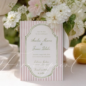 Puede incluir: Una invitación de boda con rayas rosas y blancas presenta los nombres de Amelia Morris y James Blake. La invitación está enmarcada por un borde verde y rodeada de flores blancas y limones.