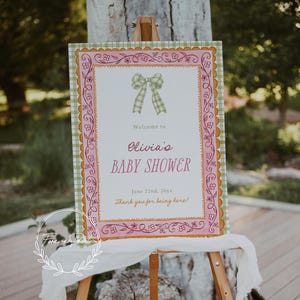Rosa & Grün Babyparty Willkommensschild Vorlage, Babypartyschild, Gingham Bogen-Babyparty-Poster, bearbeitbares druckbares Mädchen-Duschedekor BEA