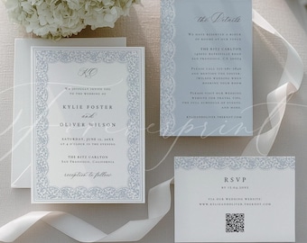 May include: Elegant wedding invitation suite with a floral design. Includes an invitation, details card, and RSVP card. The invitation features the names Kylie Foster and Oliver Wilson, with the wedding date and location.