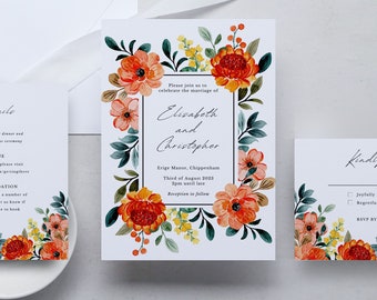 Summer bright floral wedding invitation template, colorful wedding invites in orange coral pink yellow, vibrant spring floral invites <3