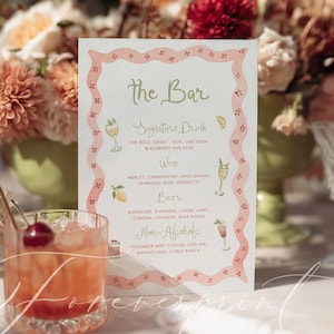 Modelo de cardápio de bar rosa-claro, aquarela de pêssego, placa de bebidas para impressão, cardápio de bar editável, cardápio de bebidas exclusivo, cardápio de coquetéis 048