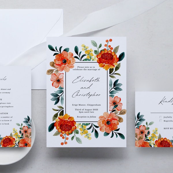 Summer bright floral wedding invitation template, colorful wedding invites in orange coral pink yellow, vibrant spring floral invites <3