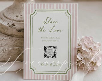 Wedding QR Code Photo Share Template, Sage Green Pink Watercolor Stripes Editable 5x7 Download N25