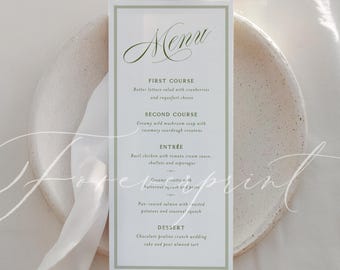 Sage Green Wedding Menu Template, Modern Elegant Dinner Menu Card, 4x9 Tall Menu Printable, Editable Minimalist Reception Menu, GR26
