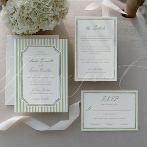 May include: Wedding invitation suite with a green and white striped design. The invitation includes the names Amelia Bennett and James Franklin, along with event details. A white ribbon and a floral arrangement are also present.
