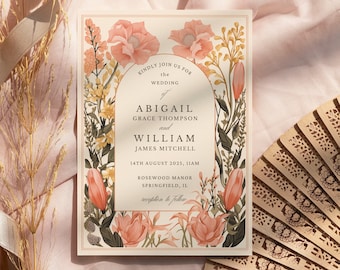 Peach Floral Wedding Invitation Template, Printable Wedding Invitation, Garden Wedding, Floral Arch Invitation Pink Vintage Wedding, ABIGAIL