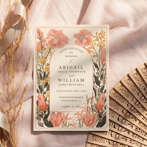 Peach Floral Wedding Invitation Template, Printable Wedding Invitation, Garden Wedding, Floral Arch Invitation Pink Vintage Wedding, ABIGAIL
