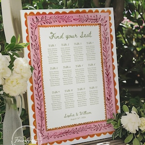 May include: A wedding seating chart with a pink and orange floral border. The words "Find your Seat" are at the top, with guest names listed under table numbers. The names "Sophie & William" and the date "August 16th, 2026" are at the bottom.