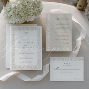 Classic Lace Wedding Invitation Suite Template, Elegant Ornate Border Wedding Invite Set, Editable Printable Invitation, Cream Color