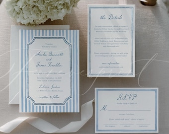 Blue Striped Wedding Invitation Suite, Editable Canva Template Set with RSVP & Details Card, Classic Elegant Printable Invitation 022