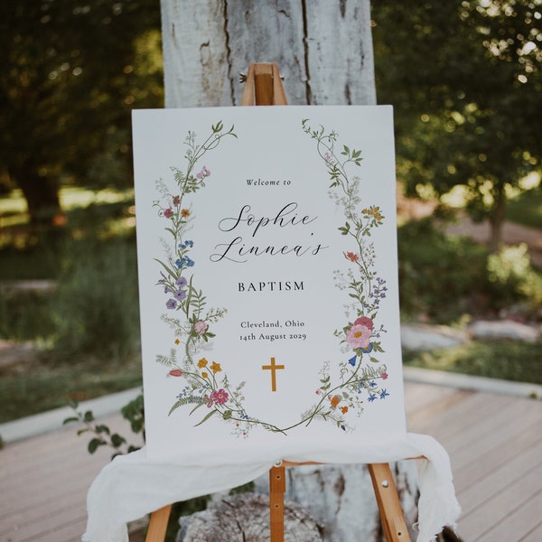 Wildflower Baptism Welcome Sign | Wildflowers Christening Welcome Sign |  Religious Cross | Floral Welcome Sign