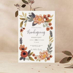 Thanksgiving Invitation Template, Printable Thanksgiving Dinner Invitation, Thanksgiving Party Invite, Floral Invite, INSTANT DOWNLOAD PB100
