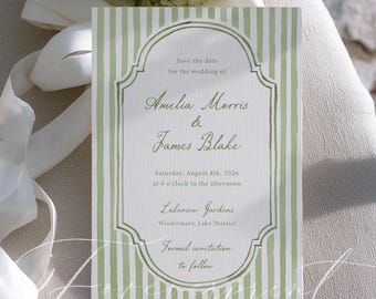 Green Stripe Save the Date Template, Editable Wedding Invitation, Elegant Script, Classic Preppy Design, Printable Instant Download 021