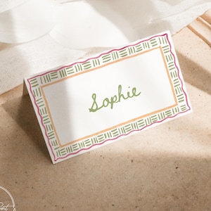 Modèle fantaisiste de marque-places à bordure colorée, marque-places imprimables, cartes de visite aquarelle, mariage dans un jardin verdoyant, cartes de visite florales LINA