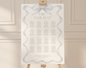Blue Bow Seating Chart, Printable Wedding Table Plan, Wedding Plan, Blue Bow Wedding, Bow Wedding Table, Ribbon Bow Frame Bow Table BA22