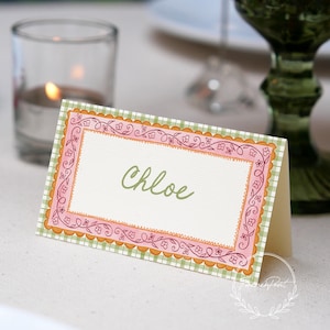 Bunte florale Tischkarten Vorlage, druckbare Tischkarten, Dusche Namen Karten, rosa grüne Gingham, florale Namenkarten, Tischdekoration BEA