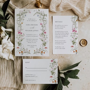 May include: A floral wedding invitation with a white background and a heart-shaped floral border. The invitation includes the names Sara Becker and Walker Jones, the date and time of the wedding, and the location. The invitation also includes details about the wedding, such as the garden entrance and the RSVP information.