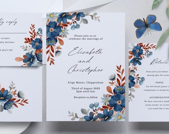 Navy Blue Wedding Invitation Template Download, Navy and rust Wedding, Navy and Orange Wedding invitation, fall wedding invite NAVY