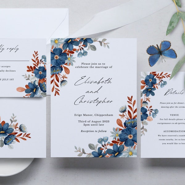 Navy Blue Wedding Invitation Template Download, Navy and rust Wedding, Navy and Orange Wedding invitation, fall wedding invite NAVY