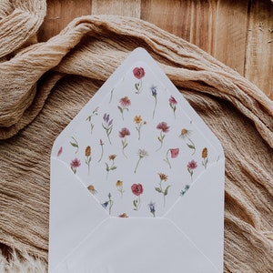 Floral Envelope Liner Template, Printable Envelope, A7, Euro Flap, Square Flap, Instant Download, Wildflower Editable Template EMMA