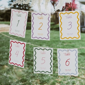Modèle de numéros de table de mariage Wave couleur modifiable | Numéros de table imprimables | ondulée | festonnée | Tout en courbes | Tourbillon | Mariage moderne, PP2