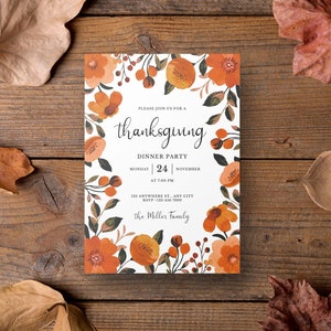 Thanksgiving Invitation, Thanksgiving Dinner Invitation, Floral Party Invitation, Printable Thanksgiving Invite, Instant Download, Botanic image 1