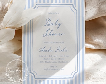 Blue Striped Baby Shower Invitation Template, Editable Baby Shower Invite, Printable Baby Shower Card, Boy Baby Shower Decoration 014