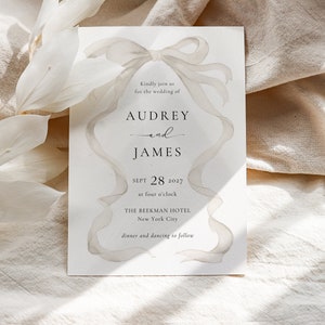 Beige Bow Wedding Invitation, Curvy Invitation, Editable Template, Beige Ribbon, Modern Wedding Invitation, Beige Wedding Invitation BB24