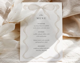 Modèle de menu noeud ruban beige, dessinés à la main, menu mariage/nuptiale de douche, imprimable, modèle numérique, téléchargement immédiat, menu noeud beige BB24