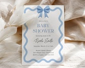 Editable Blue Bow Baby Shower Invitation, Baby Boy Shower Invite, Blue Baby Shower, Sweet Baby Boy, Curvy Waves Invitation K12