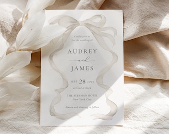 Beige Bow Wedding Invitation, Curvy Invitation, Editable Template, Beige Ribbon, Modern Wedding Invitation, Beige Wedding Invitation BB24