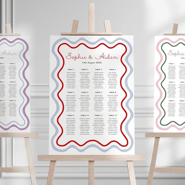 Wave Wedding Seating Chart Template with Scallop Edge, Modern Retro Wedding Seating Chart Card Template, Waves Squiggle Scallop Swirl, BH90