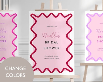 Wave Bridal Shower Welcome Sign, Curve Modern Bridal Shower Sign, PINK Bridal Shower, Editable Bridal Shower Template Wavy Shape Modern LH1