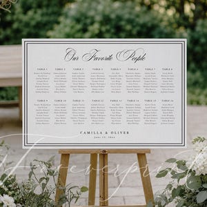 Puede incluir: Un plano de asientos de boda blanco con texto negro, exhibido en un caballete de madera. El gráfico enumera nombres bajo el título "Our Favorite People". Los nombres están organizados por número de mesa. Los nombres "Camilla & Oliver" están en la parte inferior.