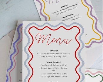 Wavy Menu and Place Card Template, Hand drawn, Wedding/Bridal Shower Menu, Printable, Digital Template, INSTANT DOWNLOAD, Wavy Curvy, BH90