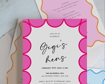 Scalloped Hens Party Invitation, Curve Modern Bridal Shower Invite, PINK Bridal Shower, Editable Bridal Shower Template Wavy Shape Modern